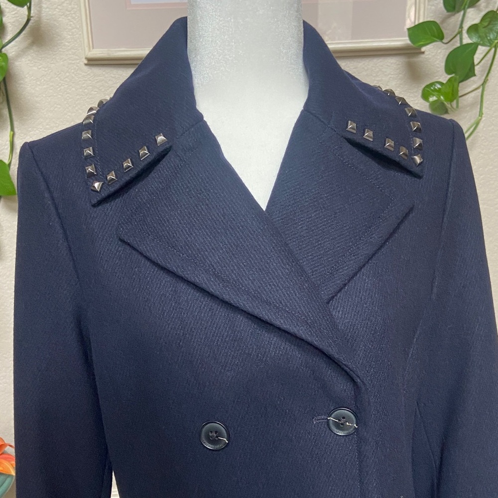 Sale! Studded Navy Women's Coat w/ studded collar,leather accents. Michael Kors. - Picture 6 of 16